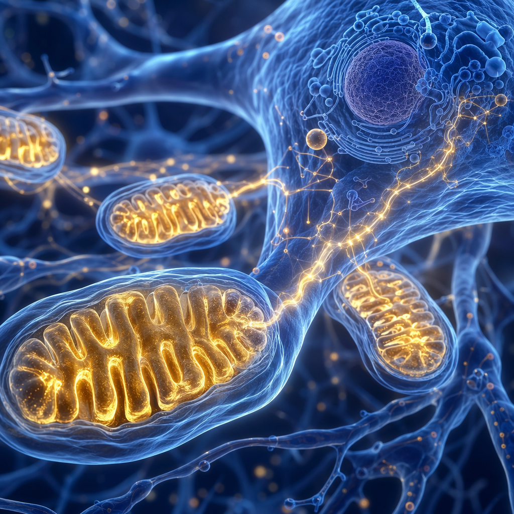 Close-up conceptual medical image of neuronal mitochondria and cellular energy pathways rendered in a clean scientific s