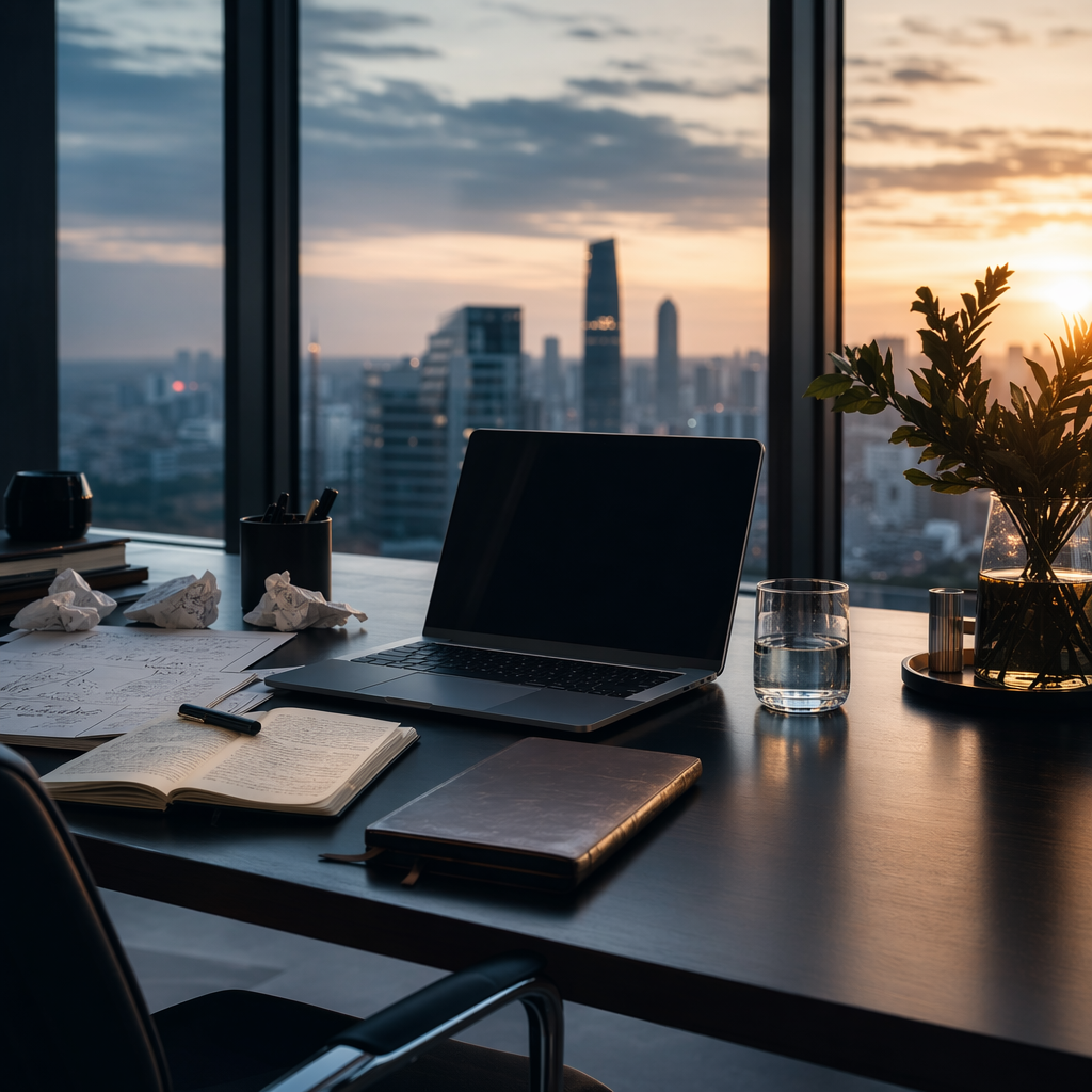 An executive workspace at dawn with laptop, notebook, water glass, and subtle signs of cognitive fatigue transitioning i