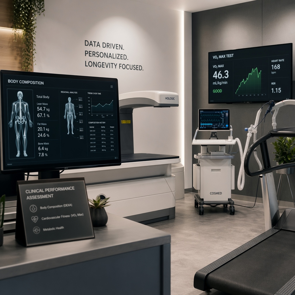 A clinical performance assessment scene showing DEXA-style body composition and VO2 max testing equipment in a modern lo