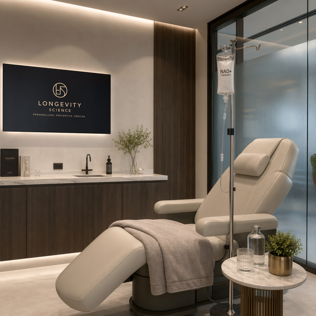 A premium physician-led longevity clinic treatment room with an IV setup for NAD+ therapy, minimalist medical design, no