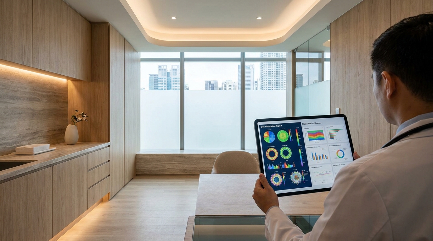 A premium clinical longevity consultation room with a physician reviewing biomarker dashboards, DNA methylation report v