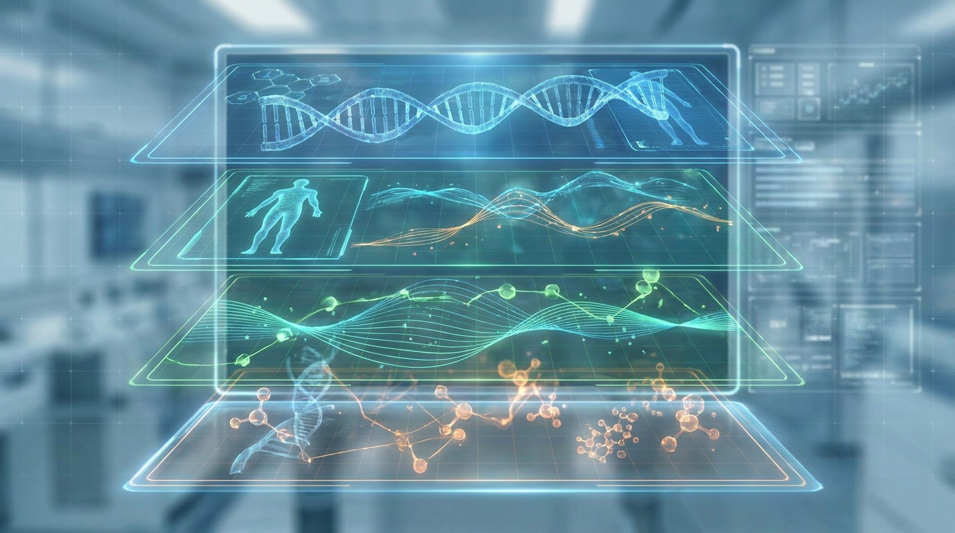 A medical data visualization concept showing layers of biological age assessment including epigenetic clock, DEXA body c