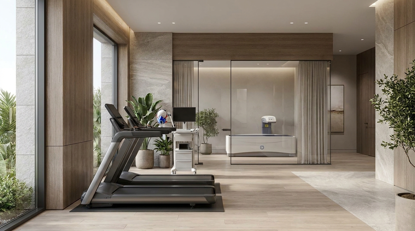 A sophisticated wellness-performance scene with treadmill metabolic testing equipment and DEXA scan room in a physician-