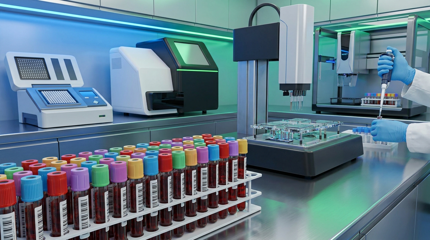 A close-up laboratory scene of blood sample tubes, genomic assay equipment, and methylation analysis workflow in a high-