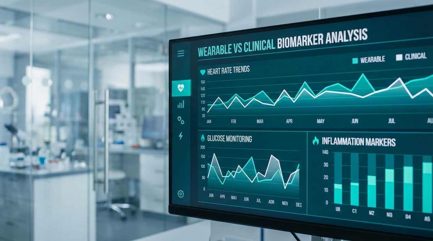 Close-up of a high-resolution medical dashboard displaying comparative data between wearable sensors and clinical biomar