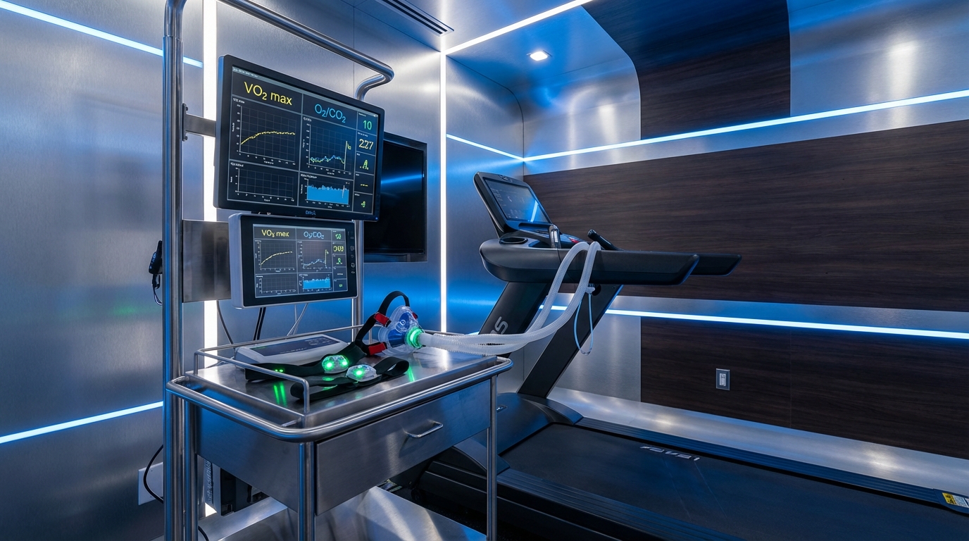 A state-of-the-art metabolic testing suite in a luxury clinic, featuring a professional treadmill, a medical-grade metab