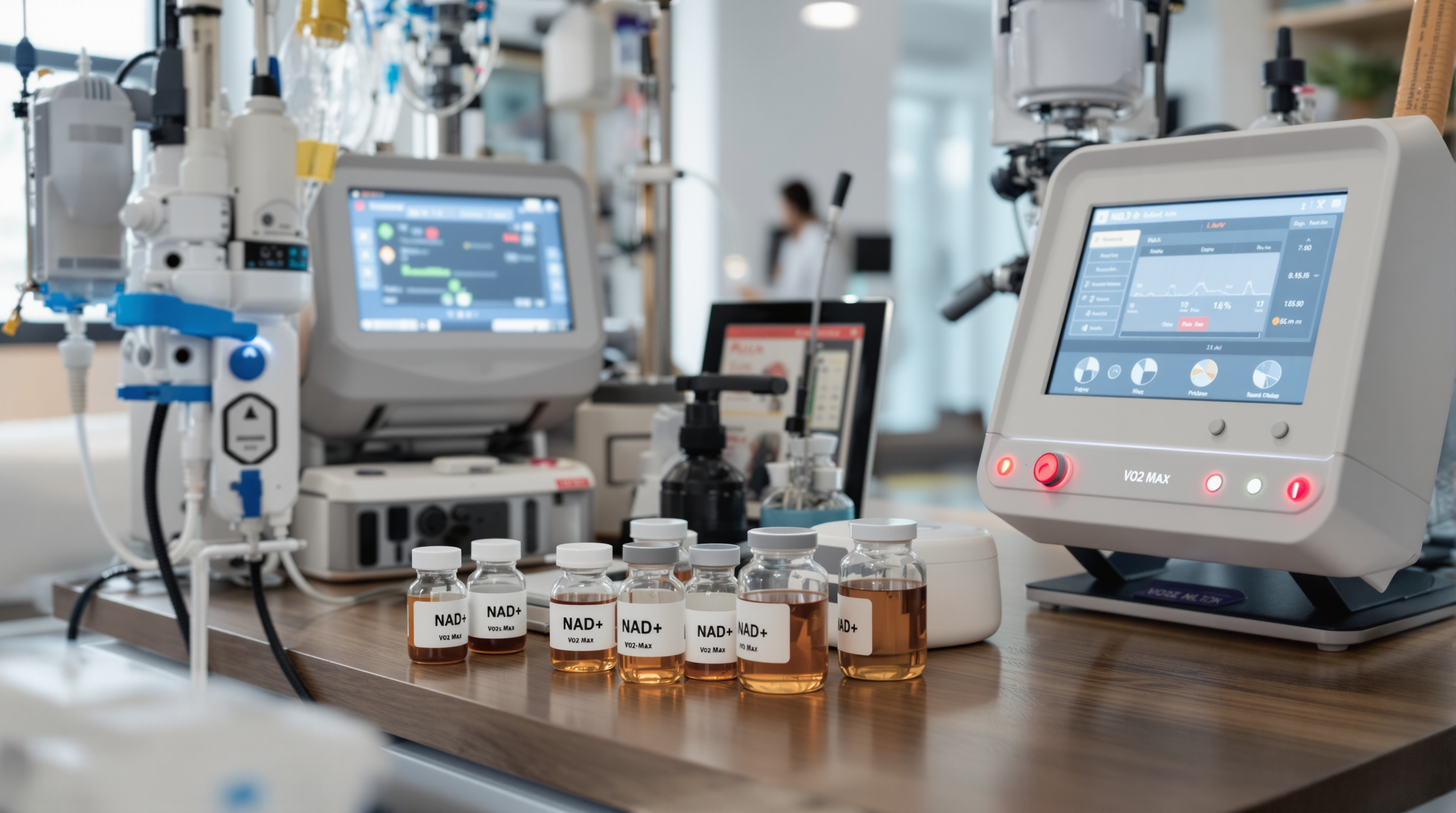 An organized medical diagnostic setup with premium IV therapy equipment, glass vials of NAD+ solution, and a high-end VO2 Max testing mask