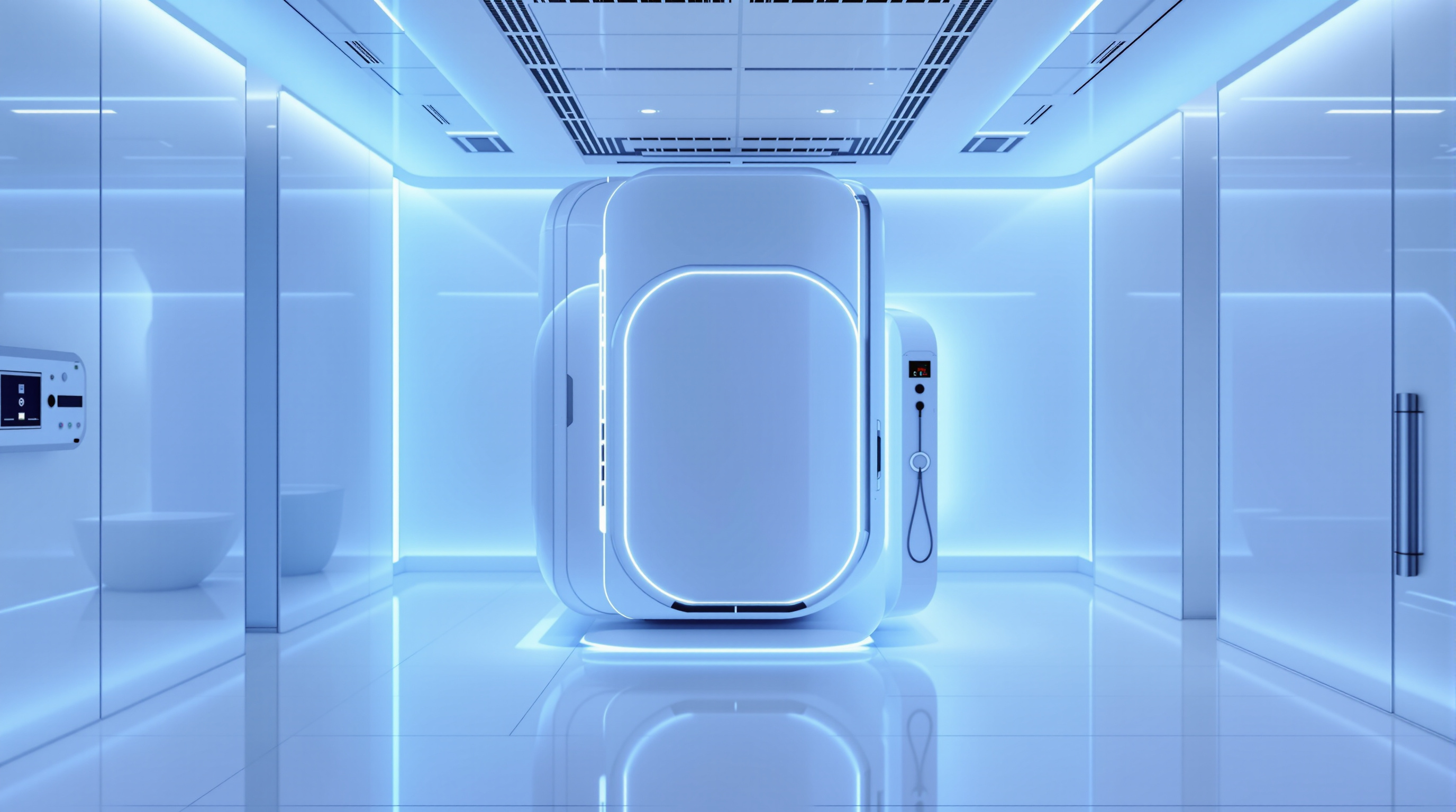 A high-tech laboratory environment featuring a sleek, modern hyperbaric oxygen therapy chamber in a minimalist clinical setting